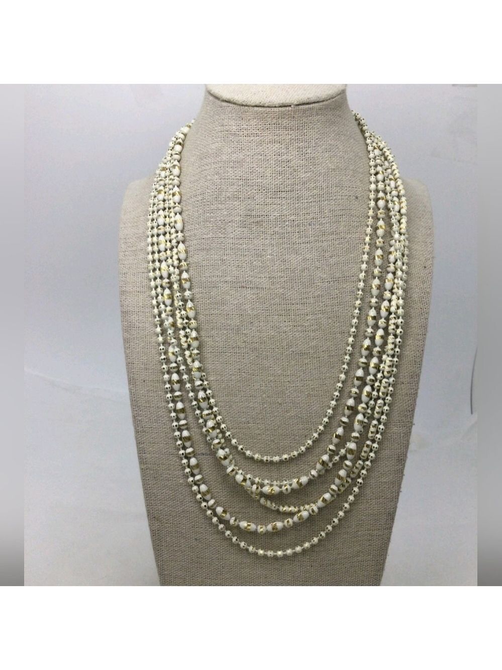Stella & Dot White & Gold Beaded Multi Strand Necklace 22"